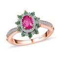 Montepuez Ruby, Emerald and White Zircon Sunburst Ring in Vermeil Rose Gold Over Sterling Silver (Size 10.0) 1.00 ctw - Sticky add to cart bar