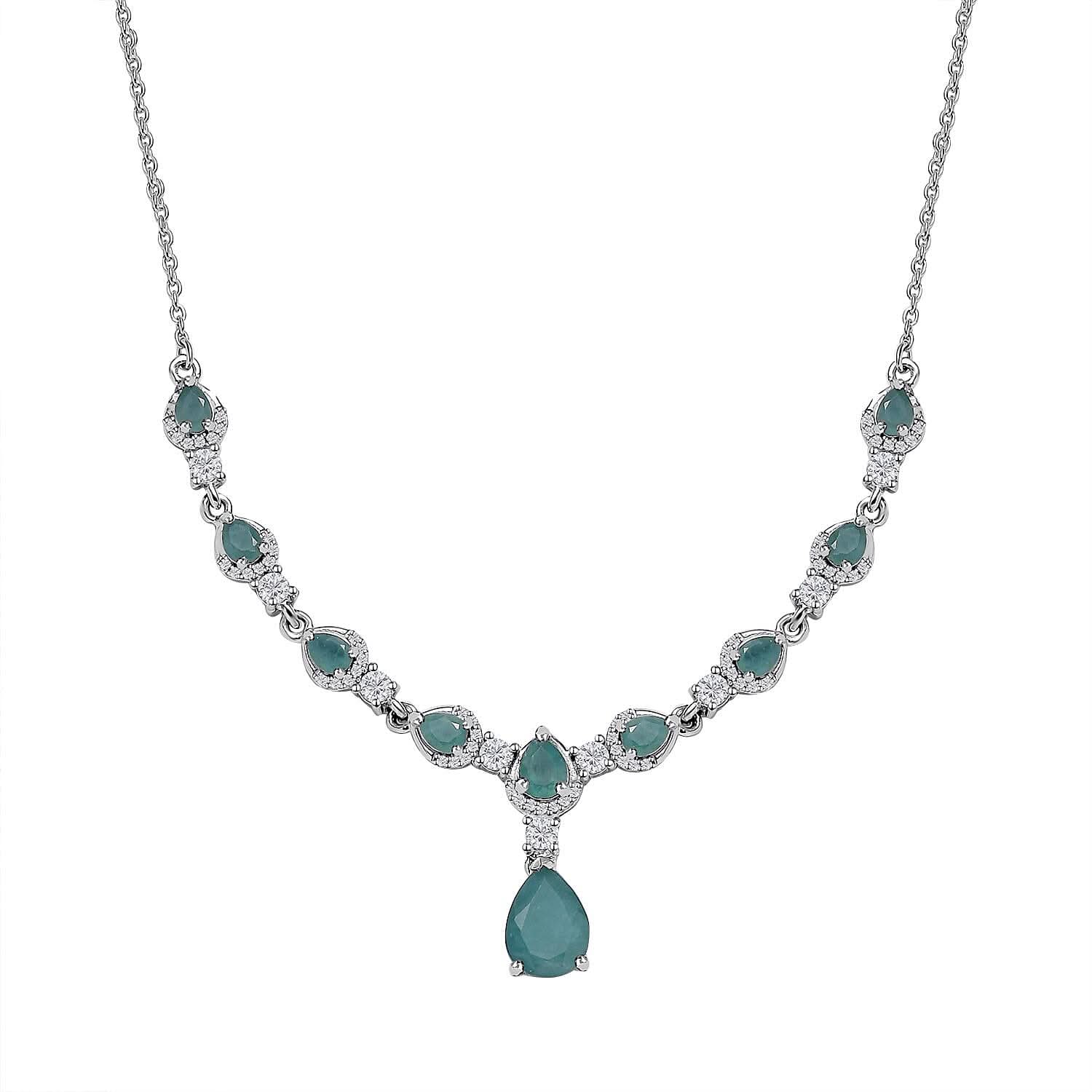 Premium Grandidierite and White Zircon Drop Necklace 18-20 Inches in Platinum Over Sterling Silver 4.50 ctw