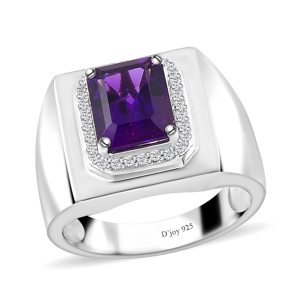 African Amethyst, Moissanite Men's Ring in Platinum Over Sterling Silver (Size 10.0) 3.50 ctw