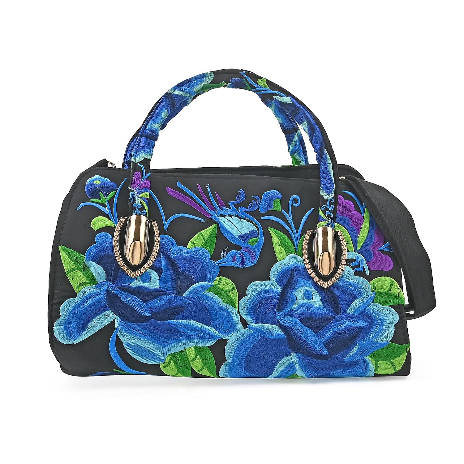 Blue Floral Embroidered Handbag with Shoulder Strap (12.6"x4.7"x9")