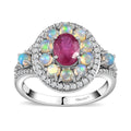 Montepuez Ruby and Multi Gemstone Double Halo Ring in Platinum Over Sterling Silver (Size 6.0) 2.10 ctw - Sticky add to cart bar