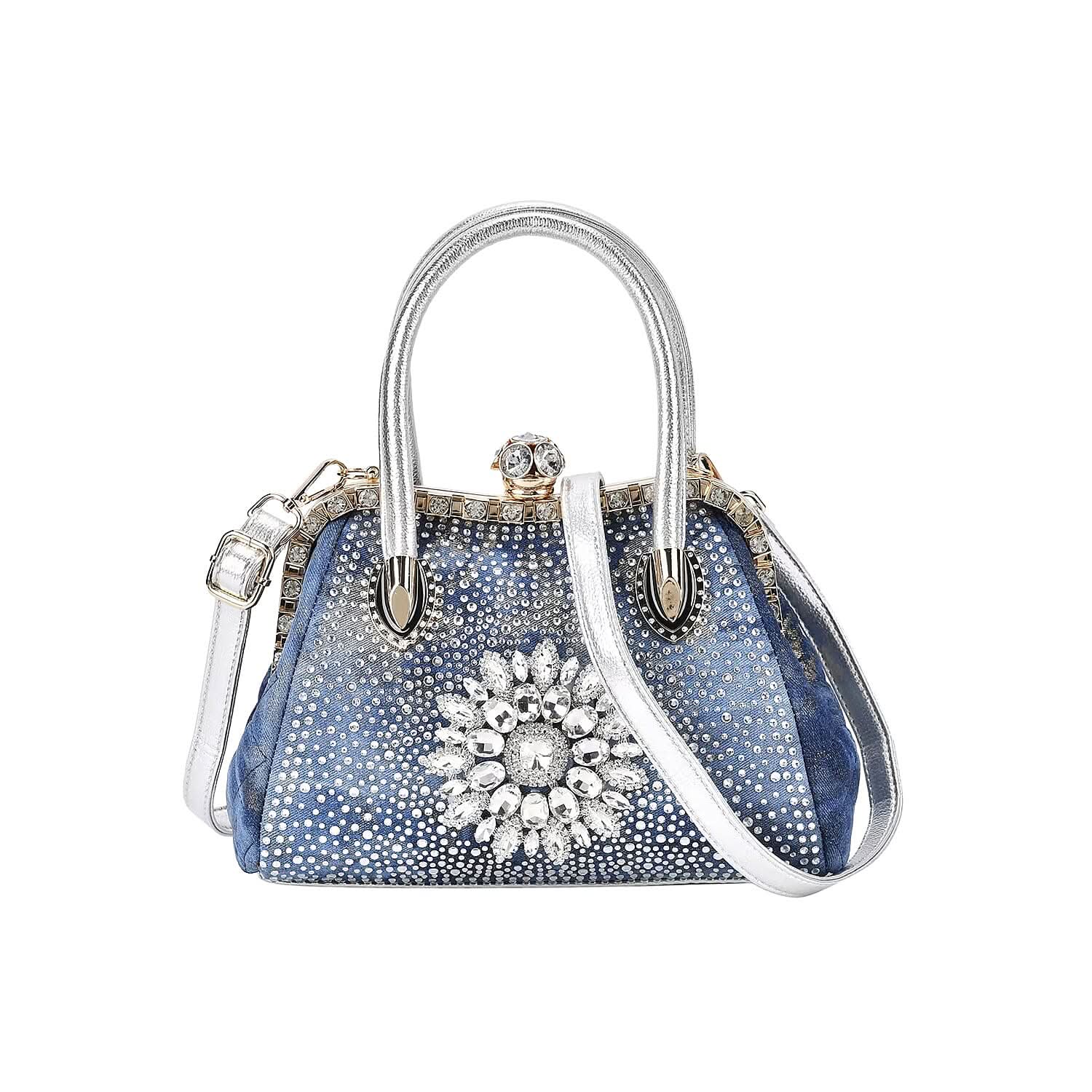 Blue Sparkling Crystal Flower Crossbody Bag (11"x5.5"x7.9") with Handle Drop and Shoulder Strap 47"