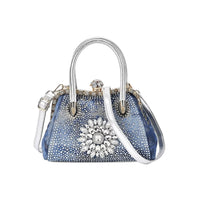 Blue Sparkling Crystal Flower Crossbody Bag (11"x5.5"x7.9") with Handle Drop and Shoulder Strap 47"