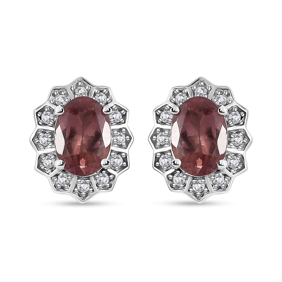 Blush Apatite and Moissanite Halo Stud Earrings in Platinum Over Sterling Silver 1.75 ctw