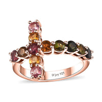 Premium Multi-Tourmaline Cross Ring in Vermeil RG Over Sterling Silver (Size 10.0) 1.50 ctw