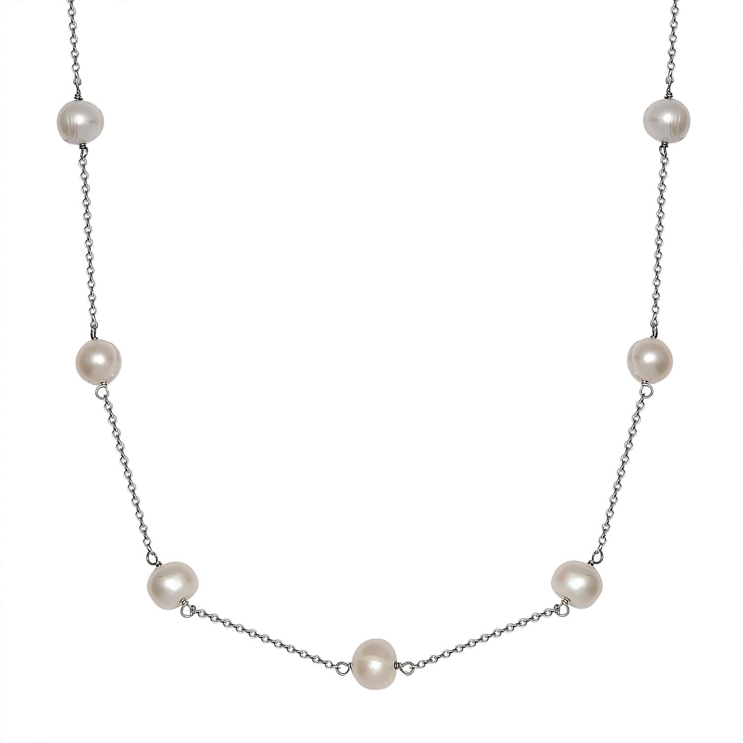 White Pearl Station Necklace 18 Inches in Rhodium Over Sterling Silver
