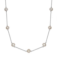 White Pearl Station Necklace 18 Inches in Rhodium Over Sterling Silver
