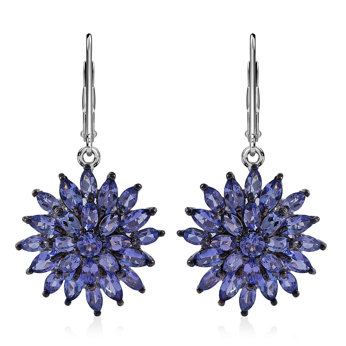 Dahlia Floral Lever Back Earrings in Platinum Over Sterling Silver