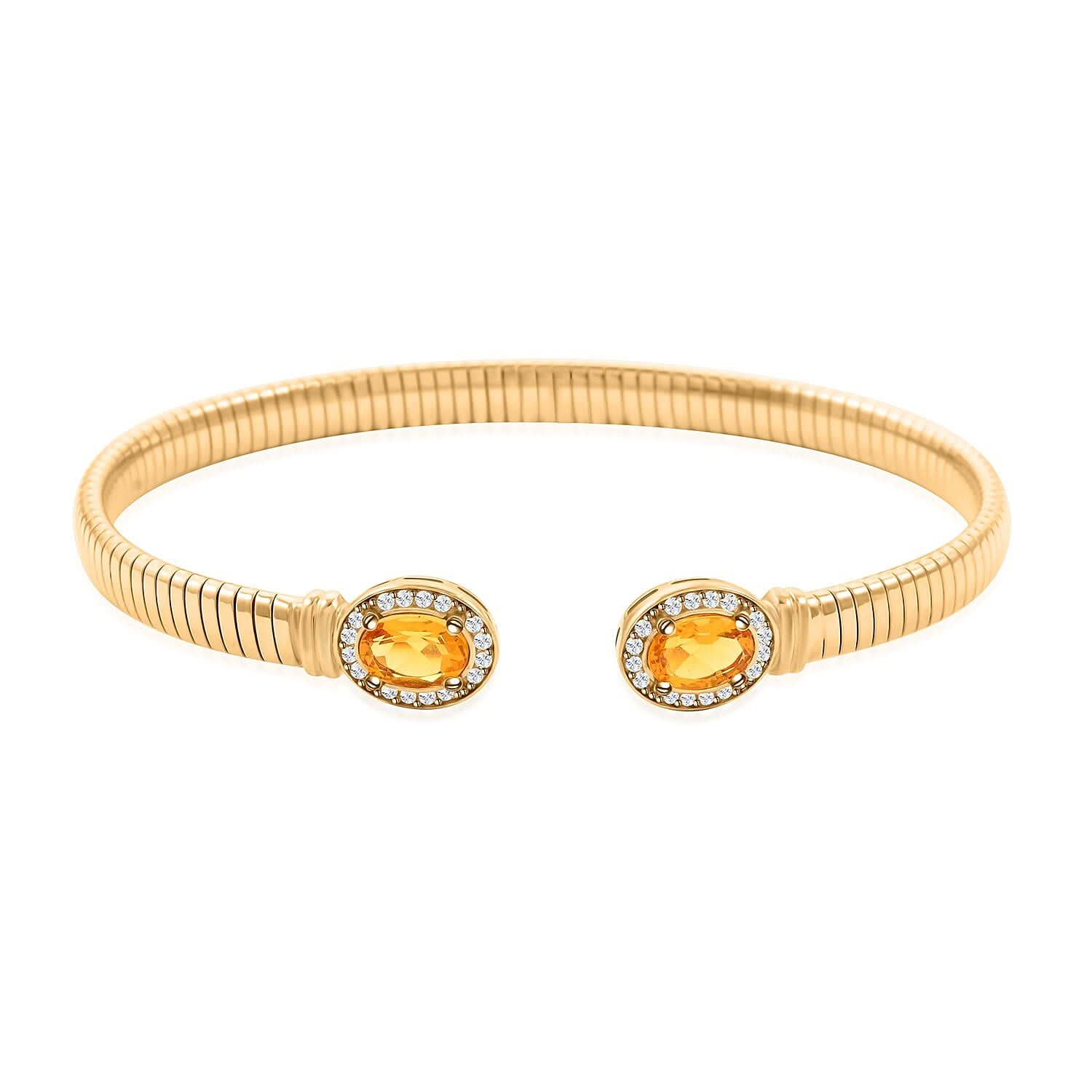 Italian Citrine, Simulated Diamond Bangle Bracelet in 14K YG Over Sterling Silver (6.50 In) 2.40 ctw