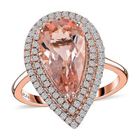 Certified & Appraised ILIANA 18K Rose Gold AAA Marropino Morganite and G-H SI Diamond Double Halo Ring 4.68 Grams 3.80 ctw