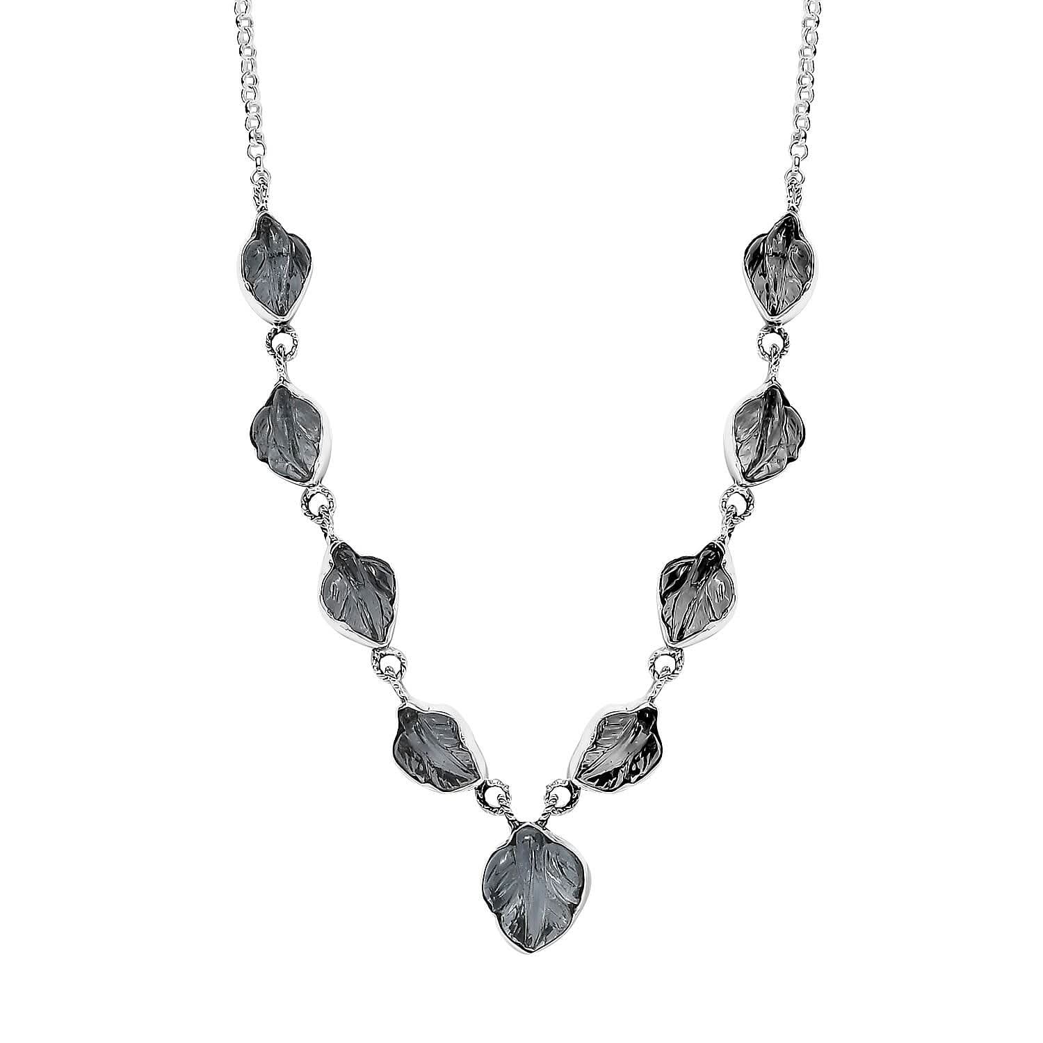 Indian Artistry Aquamarine Carved 21.50 ctw Leaf Necklace in Sterling Silver 18-20 Inches
