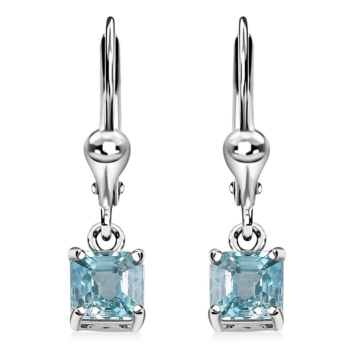 Asscher Cut Cambodian Blue Zircon Lever Back Earrings in Platinum Over Sterling Silver 2.00 ctw