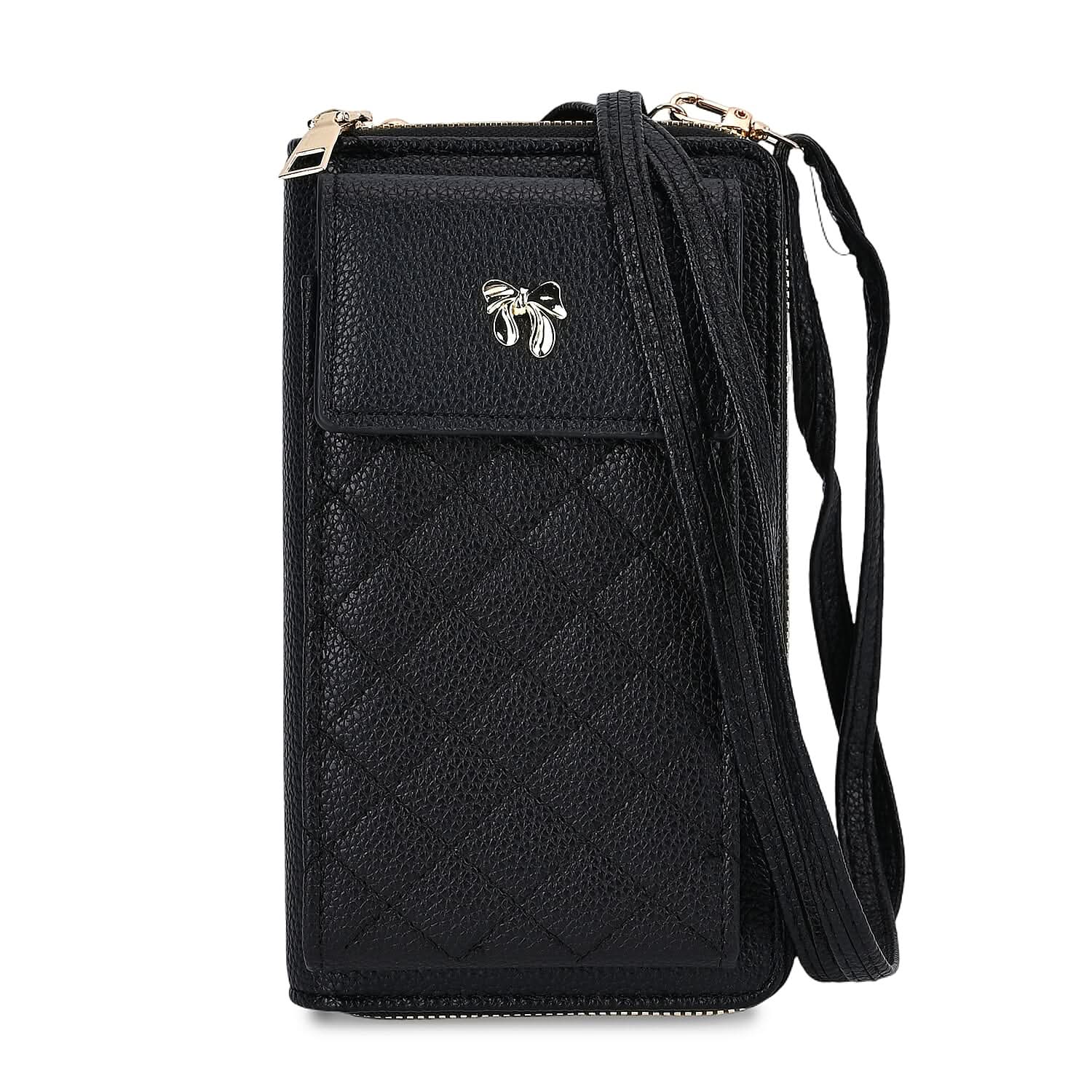 Black Faux Leather Multi-Purpose Crossbody Cellphone Bag (4.3"x1.6"x7.7") with Detachable Shoulder Strap (63")