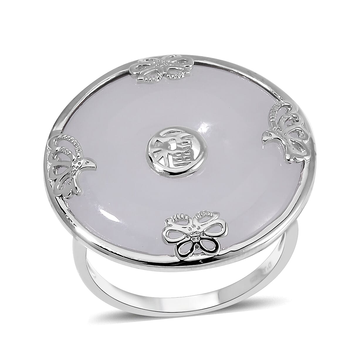 Natural Jade Bi-Disc Fu Ring in Platinum Over Sterling Silver
