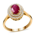 Certified & Appraised Iliana 18K Yellow Gold AAA Ruby and G-H SI Diamond Double Halo Ring (Size 6.0) 4.30 Grams 1.60 ctw - Sticky add to cart bar
