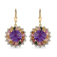 TLV Starburst Cut African Amethyst, Multi-Tourmaline, White Zircon Floral Earring in Vermeil YG Over Sterling Silver 16.50 ctw