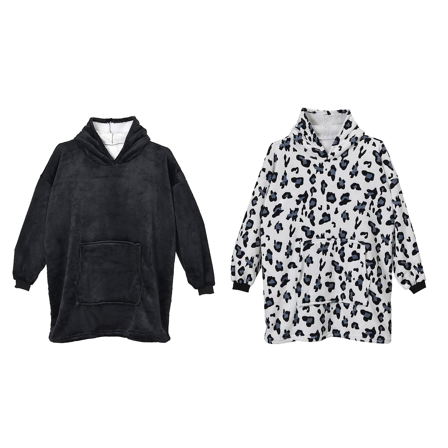 Doorbuster Set of 2 Solid Black and Leopard Pattern Hoodie Blanket with Vacuum Packaging - One Size Fit Most