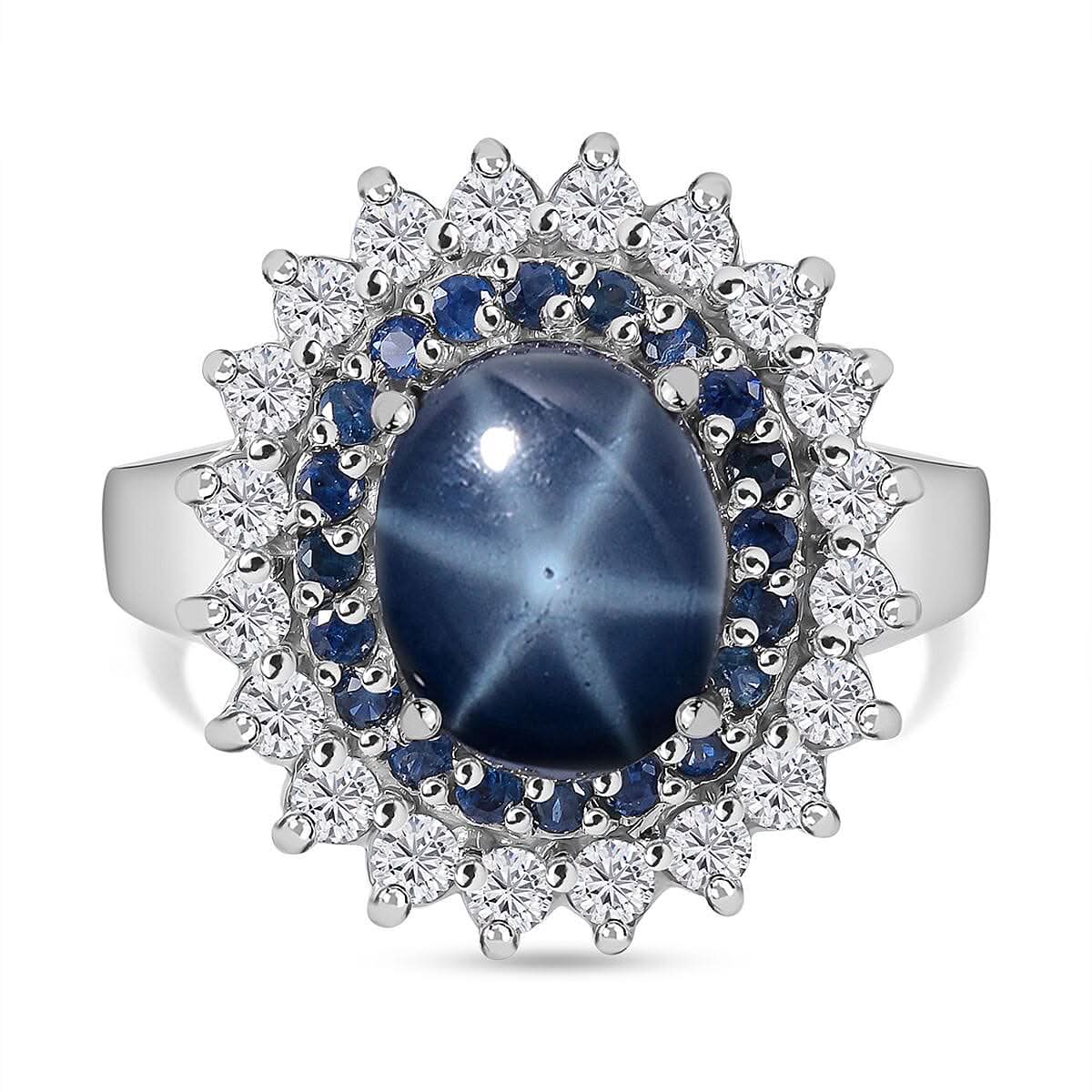 Blue Star Sapphire (DF) and Multi Gemstone Double Halo Ring in Platinum Over Sterling Silver (Size 8.0) 5.50 ctw