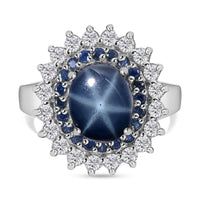 Blue Star Sapphire (DF) and Multi Gemstone Double Halo Ring in Platinum Over Sterling Silver (Size 8.0) 5.50 ctw