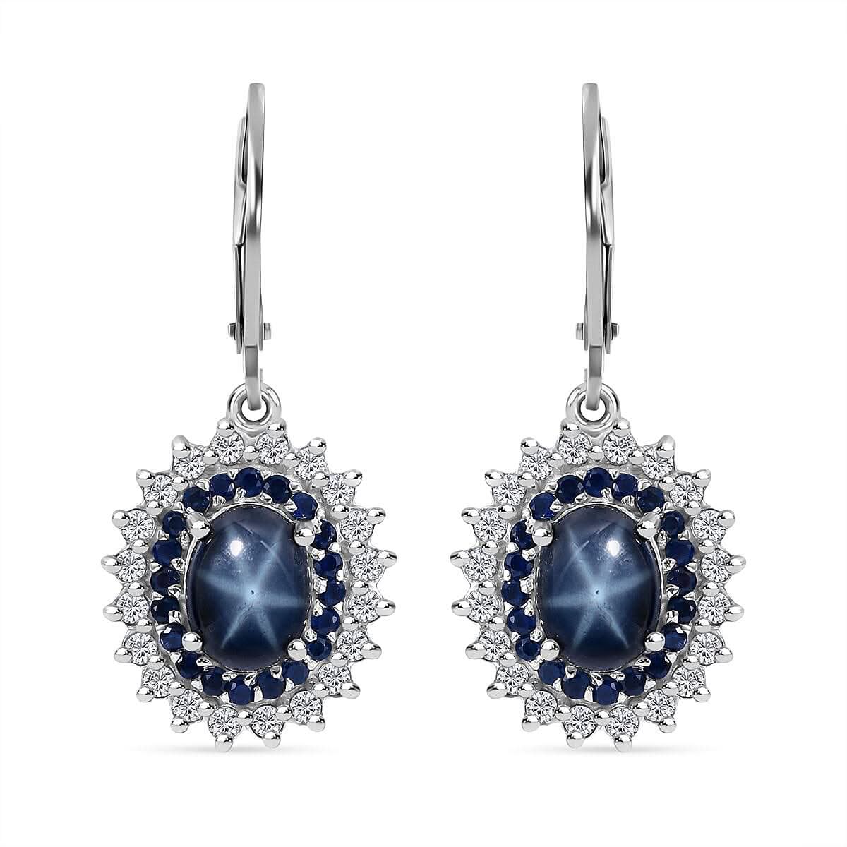 Premium Blue Star Sapphire (DF) and Multi Gemstone Floral Lever Back Earrings in Platinum Over Sterling Silver 5.25 ctw