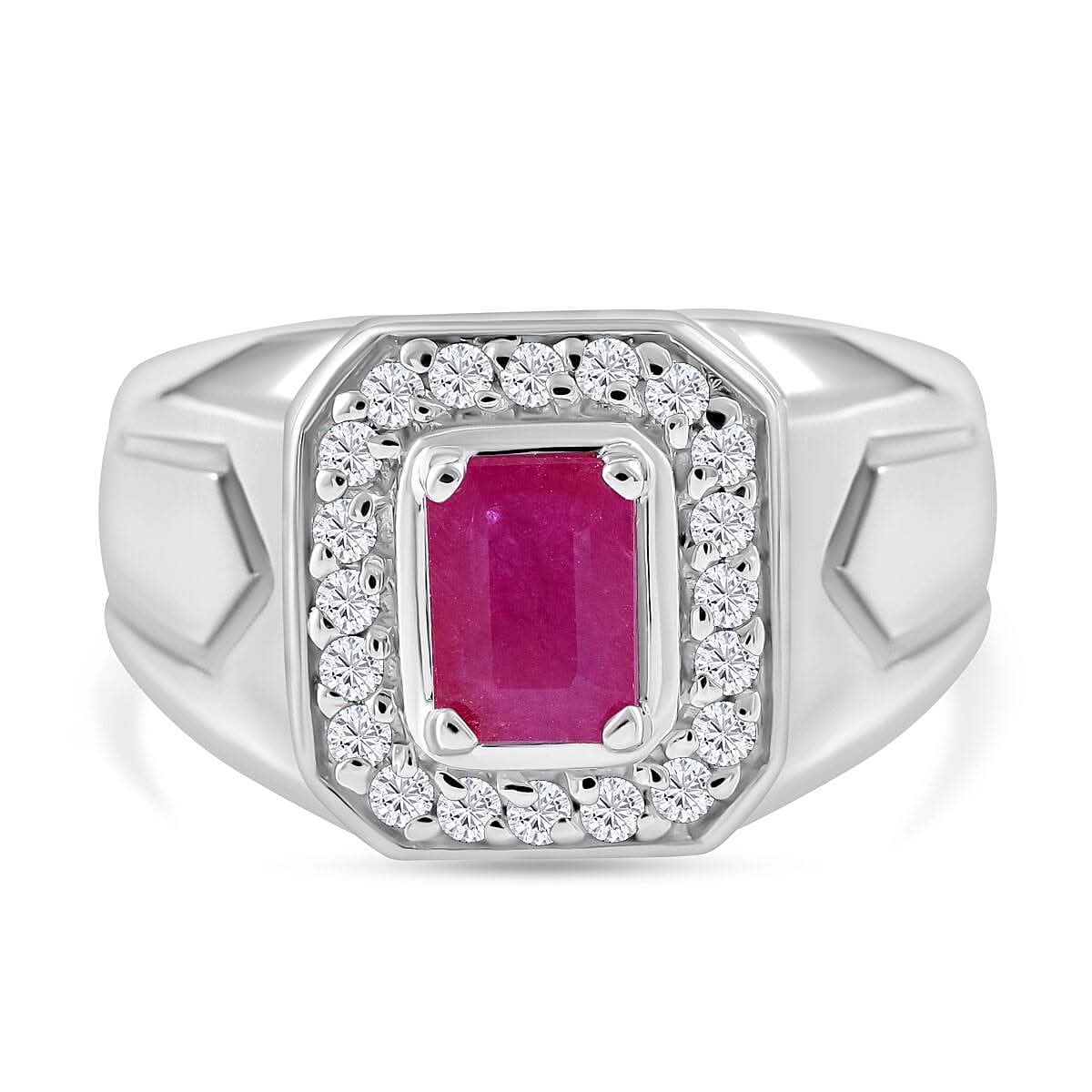 Mozambique Ruby, Moissanite Men's Ring in Platinum Over Sterling Silver (Size 10.0) 1.50 ctw