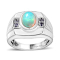 Premium Ethiopian Welo Opal and Tanzanite Men's Ring in Platinum Over Sterling Silver (Size 10.0) 1.40 ctw - Sticky add to cart bar