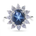Blue Star Sapphire (DF) and Moissanite Sunburst Ring in Platinum Over Sterling Silver (Size 10.0) 7.90 ctw - Sticky add to cart bar