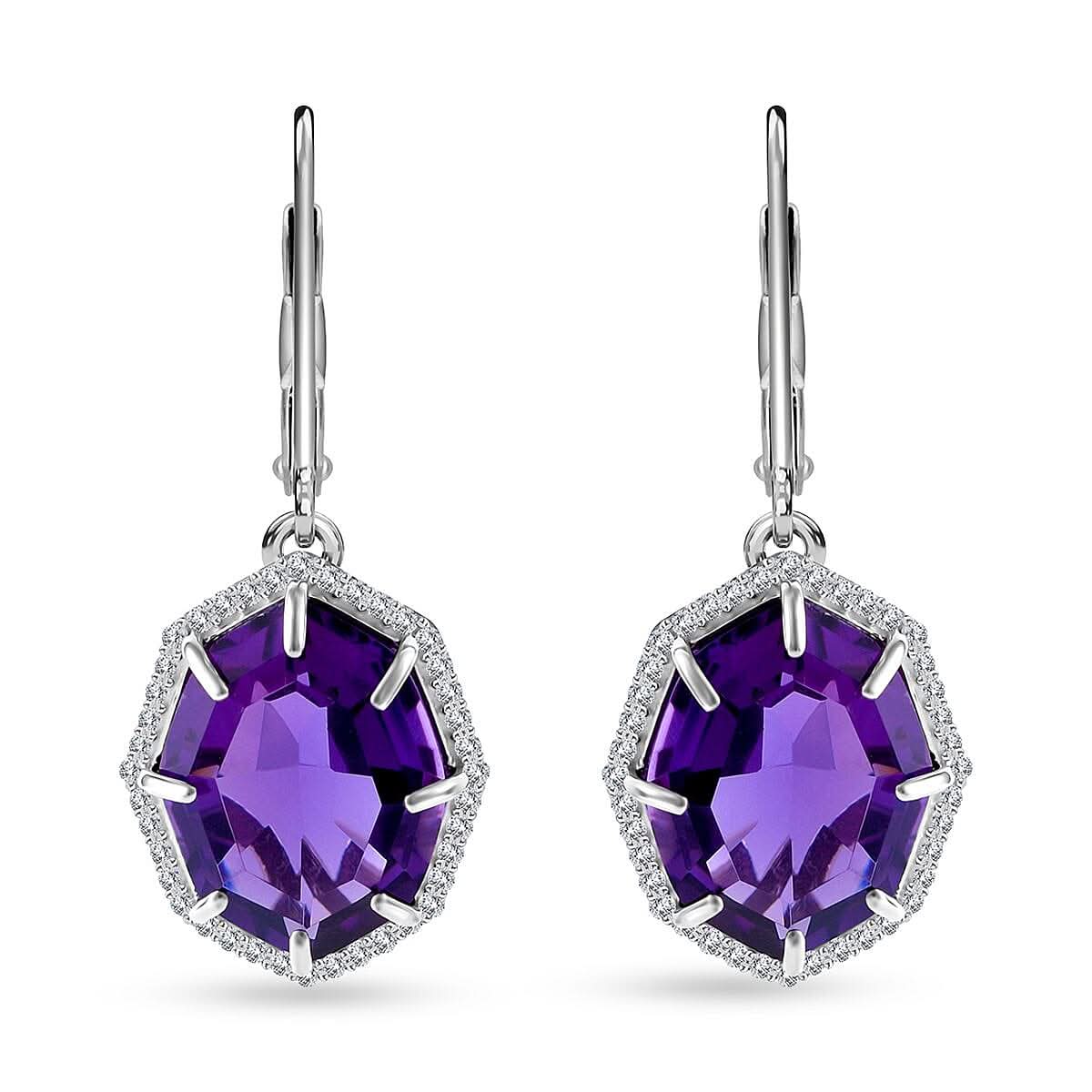 African Amethyst and White Zircon Lever Back Earrings in Platinum Over Sterling Silver 7.90 ctw