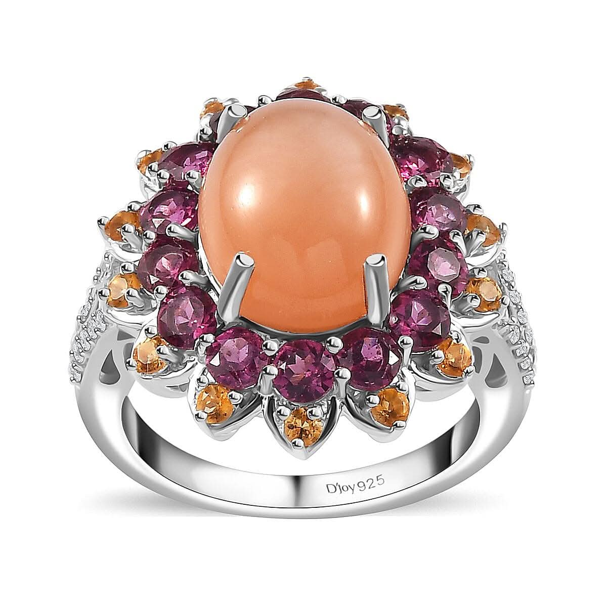 Peach Moonstone, Multi Gemstone Ring in Platinum Over Sterling Silver (Size 10.0) 8.10 ctw
