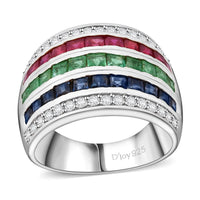 Multi Gemstone, White Zircon Rainbow Elegance Ring in Rhodium Over Sterling Silver (Size 10.0) 3.70 ctw