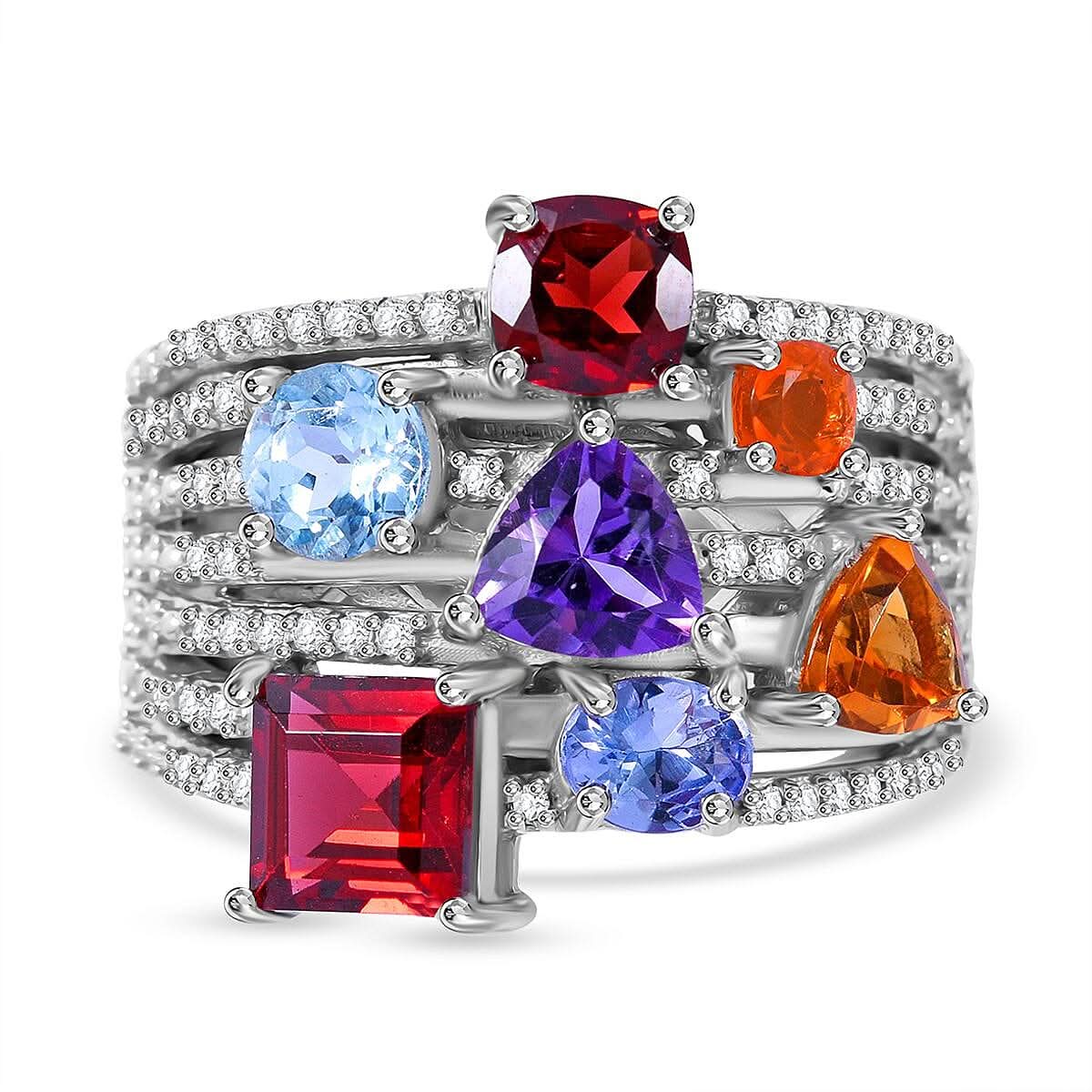 Doorbuster Multi Gemstone Ring in Platinum Over Sterling Silver (Size 10.0) 4.25 ctw