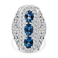 Premium London Blue Topaz, White Zircon Trinity Ring in Platinum Over Sterling Silver (Size 10.0) 3.90 ctw