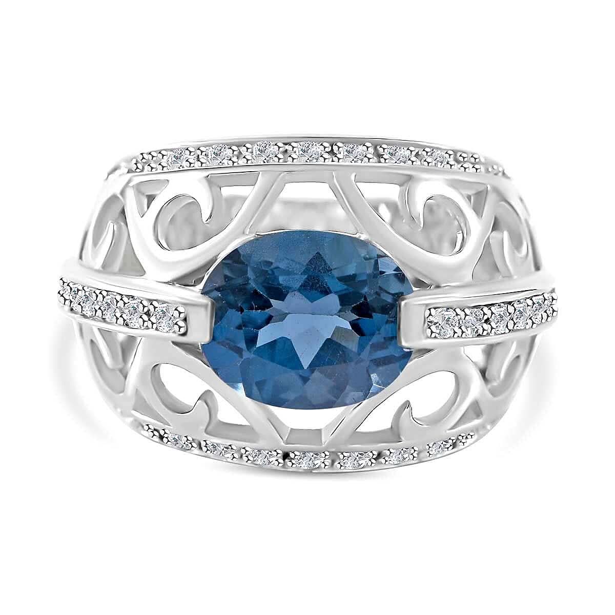 Premium London Blue Topaz, White Zircon Ring in Platinum Over Sterling Silver (Size 6.0) 5.15 ctw