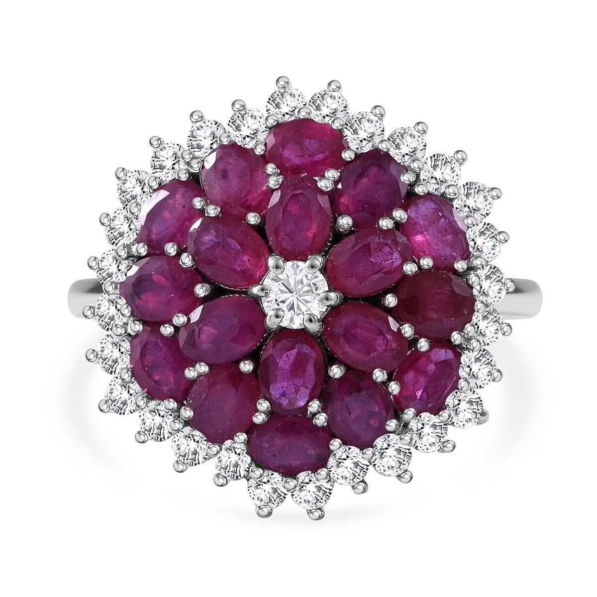 Niassa Ruby (FF) and White Zircon Floral Spray Ring in Platinum Over Sterling Silver 6.10 ctw