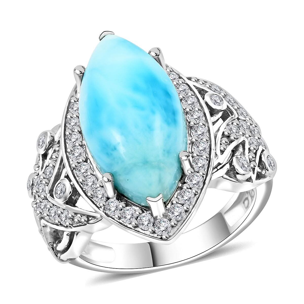 Larimar, White Zircon Ring in Platinum Over Sterling Silver (Size 10.0) 8.00 ctw