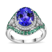 Rhapsody 950 Platinum AAAA Tanzanite, Boyaca Colombian Emerald, Diamond (E-F, VS2) (0.55 cts) Ring (Size 6.0) (8.55 g) 5.90 ctw