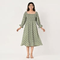 Tamsy Green Floral Square Printed Smocking Dress - One Size Fits Most