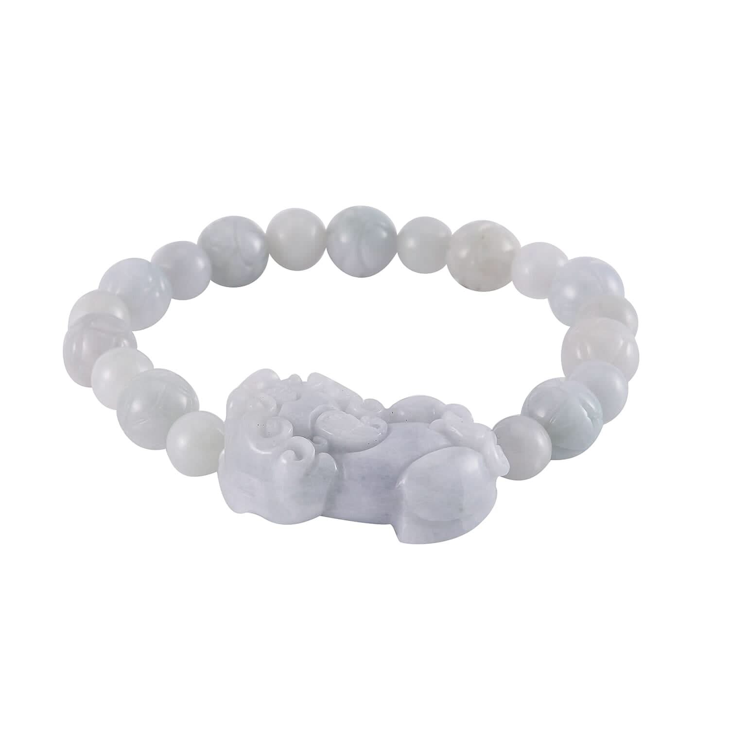 Natural Jade 210.00 ctw Carved Lotus Beaded Stretch Bracelet with Pixiu Charm