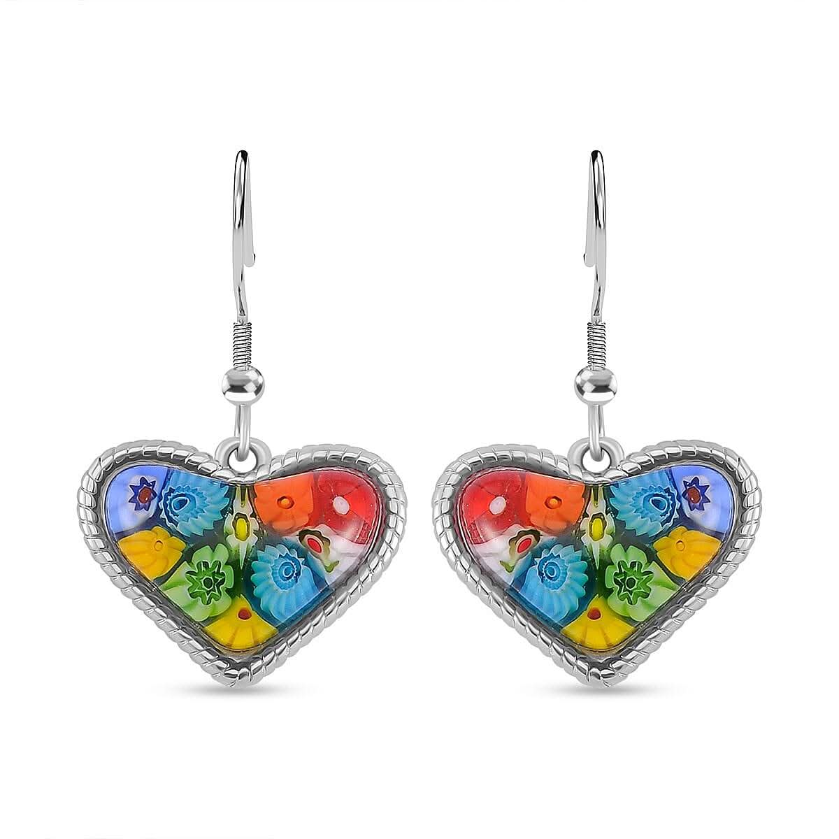 Multi Color Murano Style Heart Fish Hook Earrings in Stainless Steel