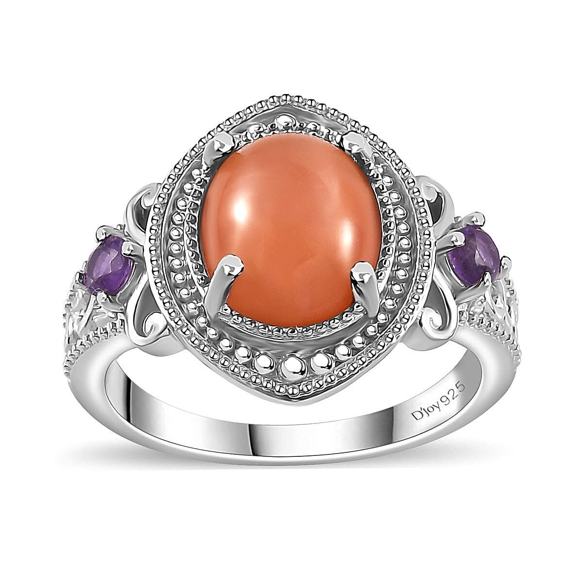 Peach Moonstone, African Amethyst Ring in Platinum Over Sterling Silver (Size 10.0) 4.40 ctw