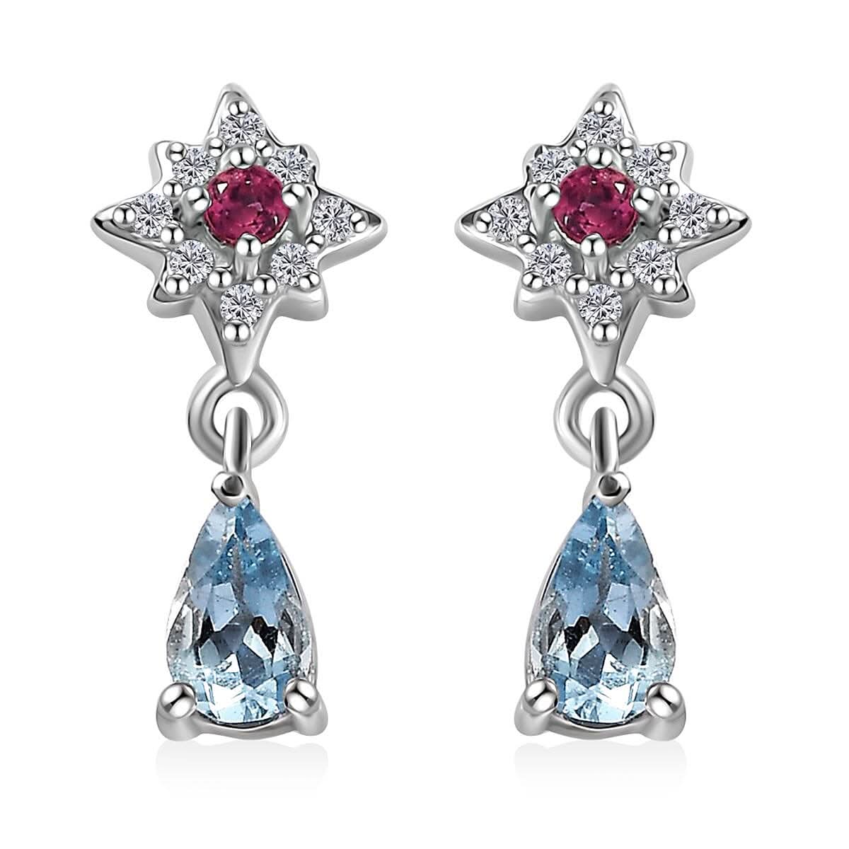 Santa Maria Aquamarine and Multi Gemstone Celestial Earrings in Platinum Over Sterling Silver 0.50 ctw