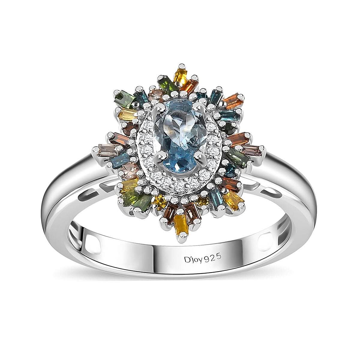Santa Maria Aquamarine, Multi Diamond (IR & Natural) (0.35 cts) Ring in Platinum Over Sterling Silver (Size 10.0) 0.75 ctw