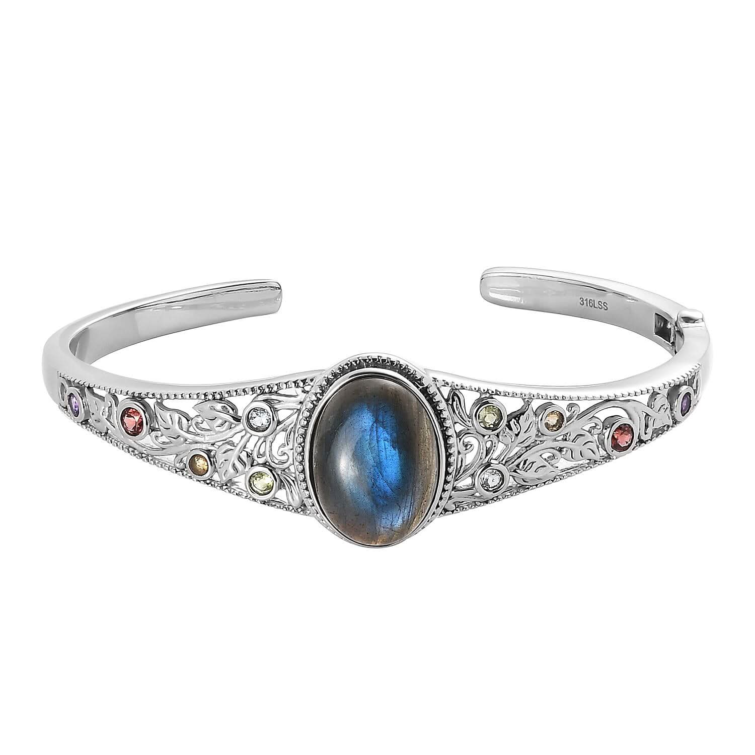 Malagasy Labradorite and Multi Gemstone Cuff Bracelet in Stainless Steel (7.25 In) 14.75 ctw