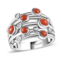 Mediterranean Coral, White Zircon Ring in Platinum Over Sterling Silver (Size 10.0) 1.35 ctw