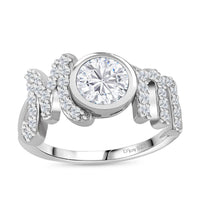 White Moissanite (Rnd 6.5mm) MOM Ring in Rhodium Over Sterling Silver (Size 7.0) 1.40 ctw