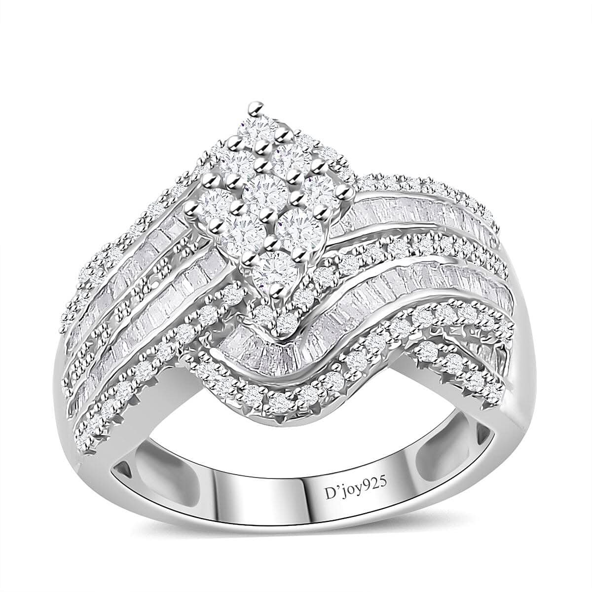 TLV White Diamond Cluster Ring in Platinum Over Sterling Silver (Size 8.0) 1.00 ctw