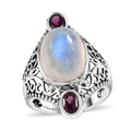 Artisan Crafted AAA Moon Glow Moonstone and Orissa Rhodolite Garnet Ring in Sterling Silver (Size 11.0) 7.10 ctw - Sticky add to cart bar
