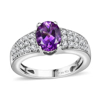 Uruguayan Amethyst, White Zircon Ring in Platinum Over Sterling Silver (Size 10.0) 1.60 ctw