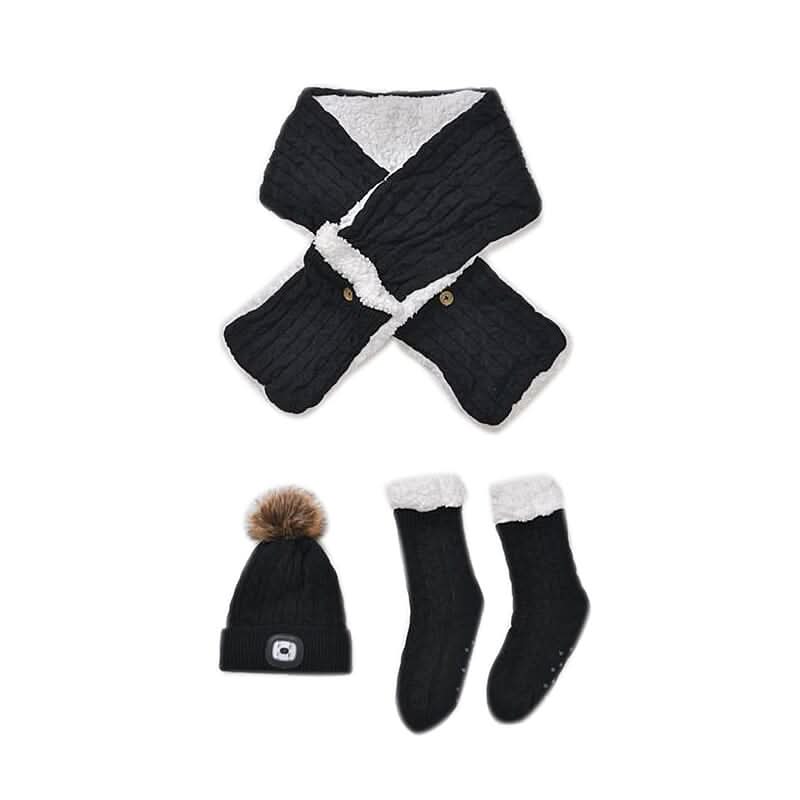 Black Acrylic Fiber Scarf with Pockets (62.99"x7.87"), Socks (4.92"x17.32") and LED Beanie Hat (7.87"x11")