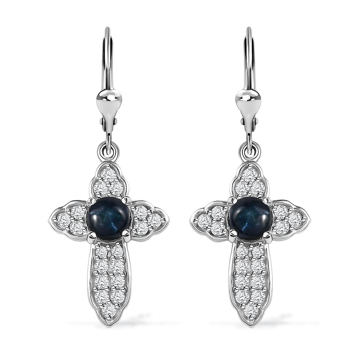 D'Joy Blue Star Sapphire (DF) and White Zircon Cross Earrings in Platinum Over Sterling Silver 4.00 ctw